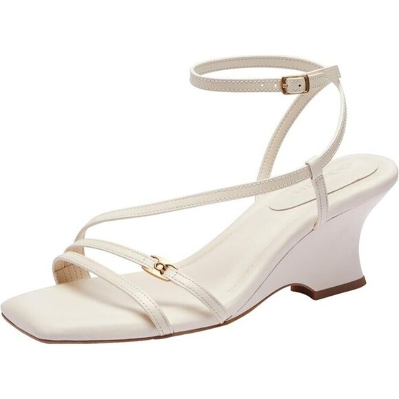 Coach Cait Sandals Women's Size 10 Chalk Leather Wedge Heel Ankle Wrap Buckle - Picture 1 of 8